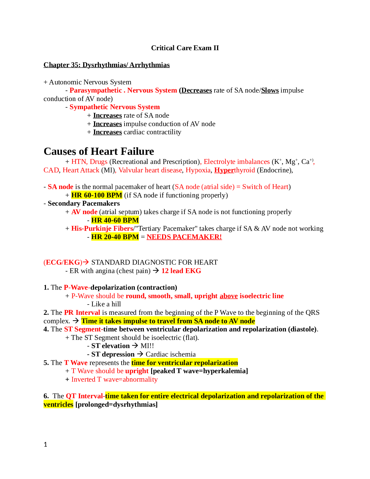 Critical Care Exam II Chapter 35 Dysrhythmias/ Arrhythmias