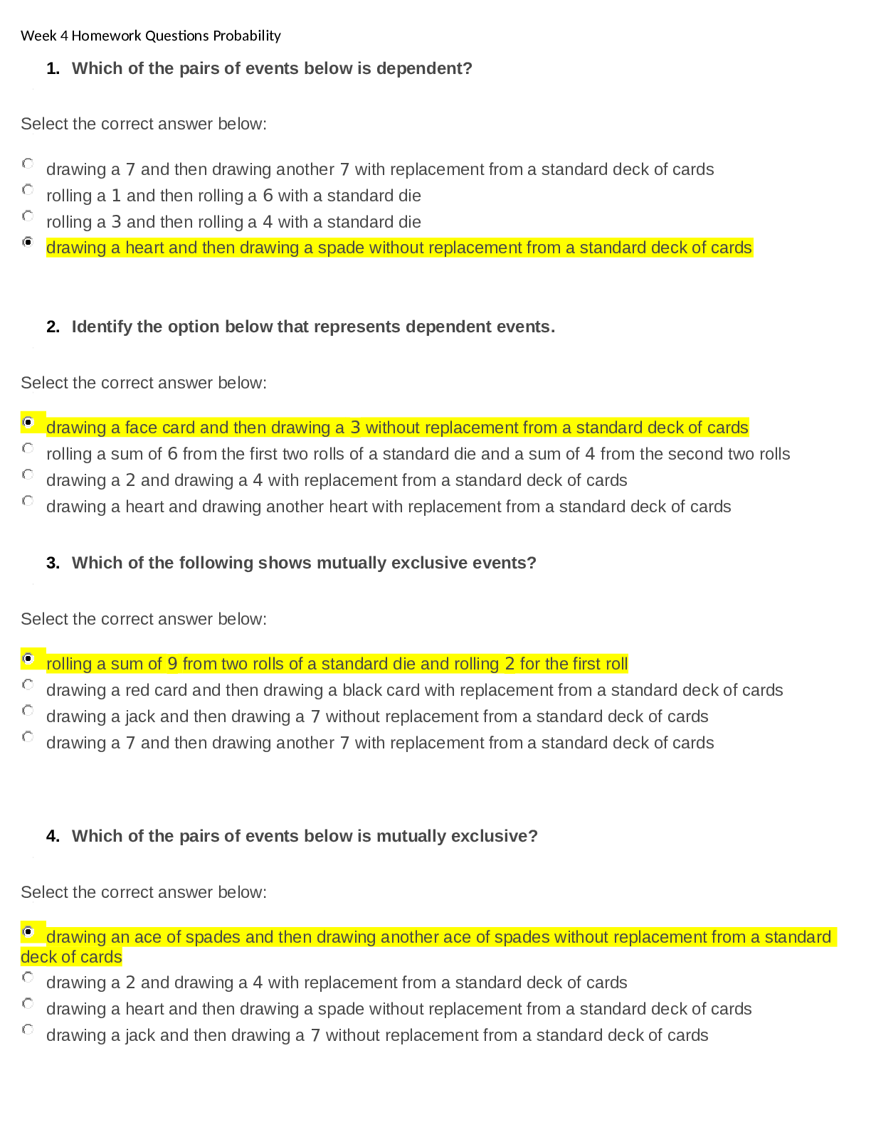 Homework Questions Probability Week 4