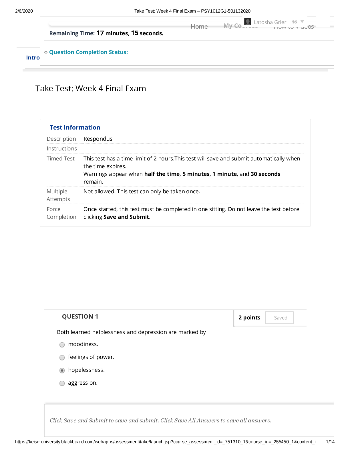 Take Test Week 4 Final Exam – PSY1012G1-501132020