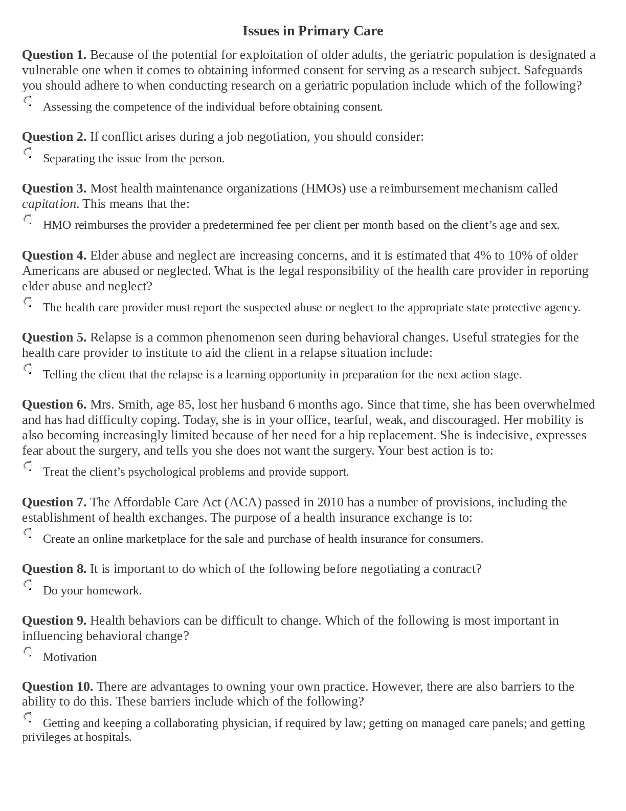 Issues in Primary Care week 1 Quiz