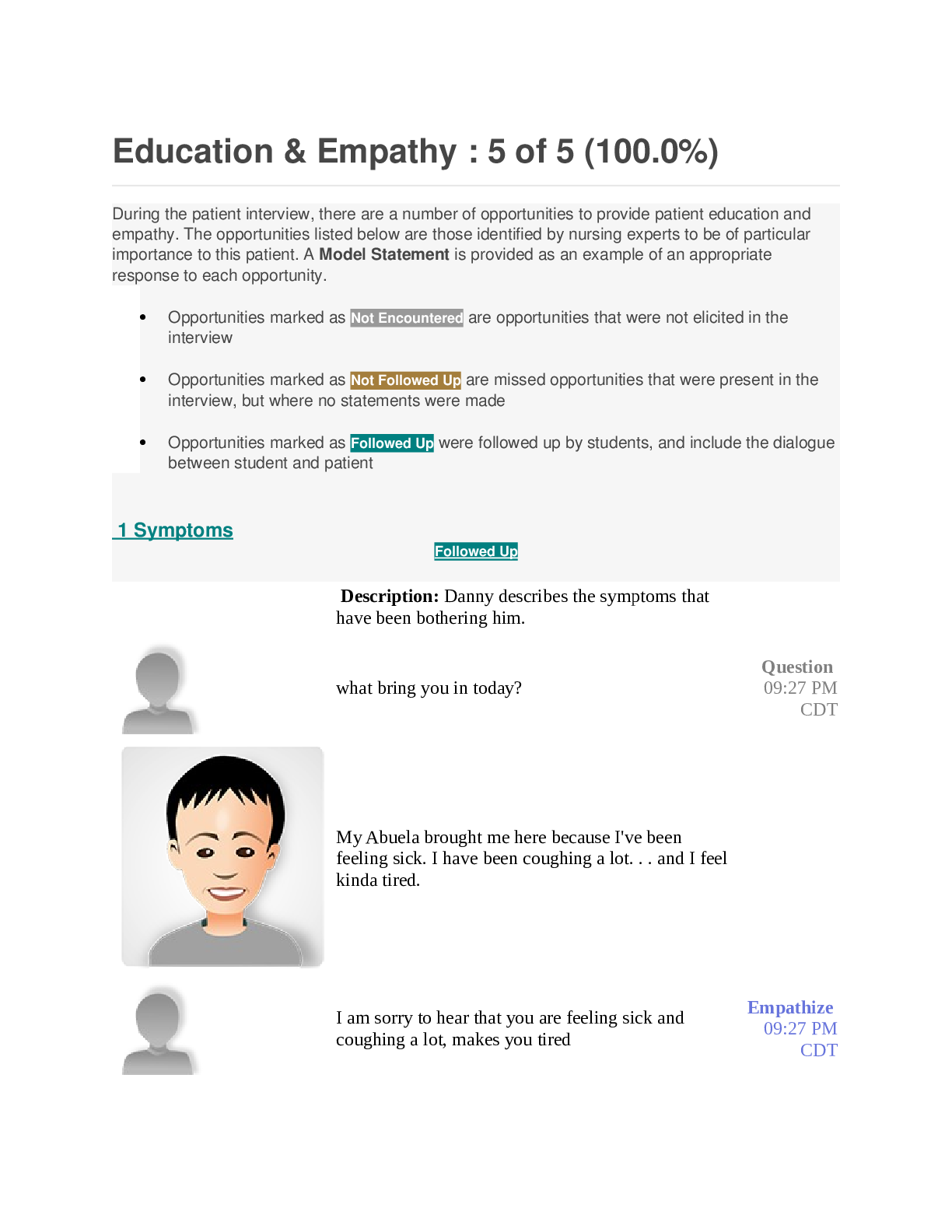 Shadow health pediatric Education & Empathy : 5 of 5 (100.0%)