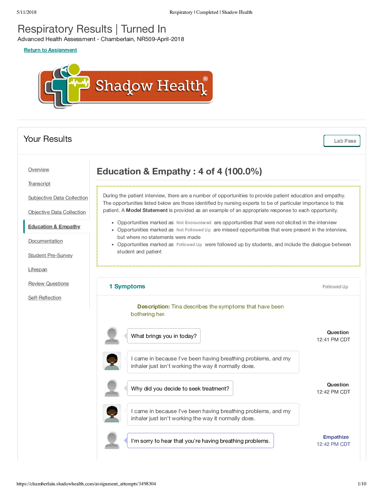 Respiratory Results | Turned In Advanced Health Assessment - Chamberlain, NR509-April-2018