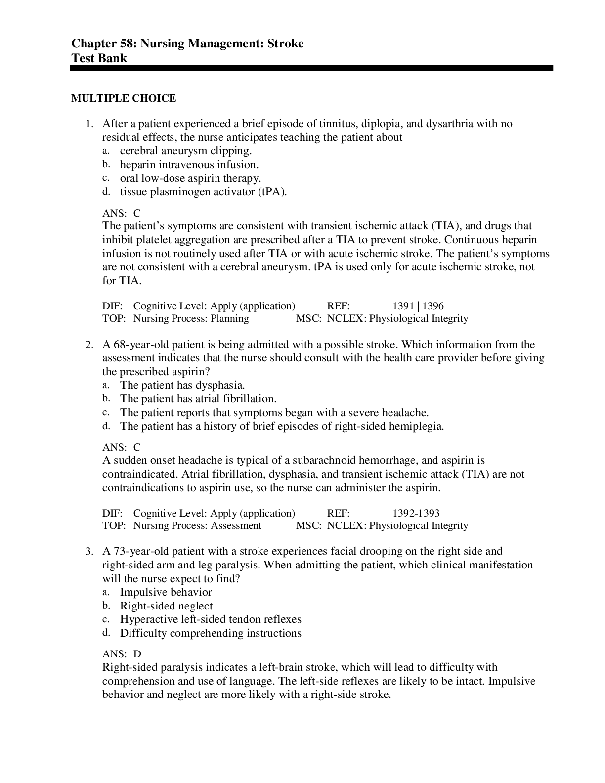 Nursing Management: Stroke Test Bank (chapter 58)