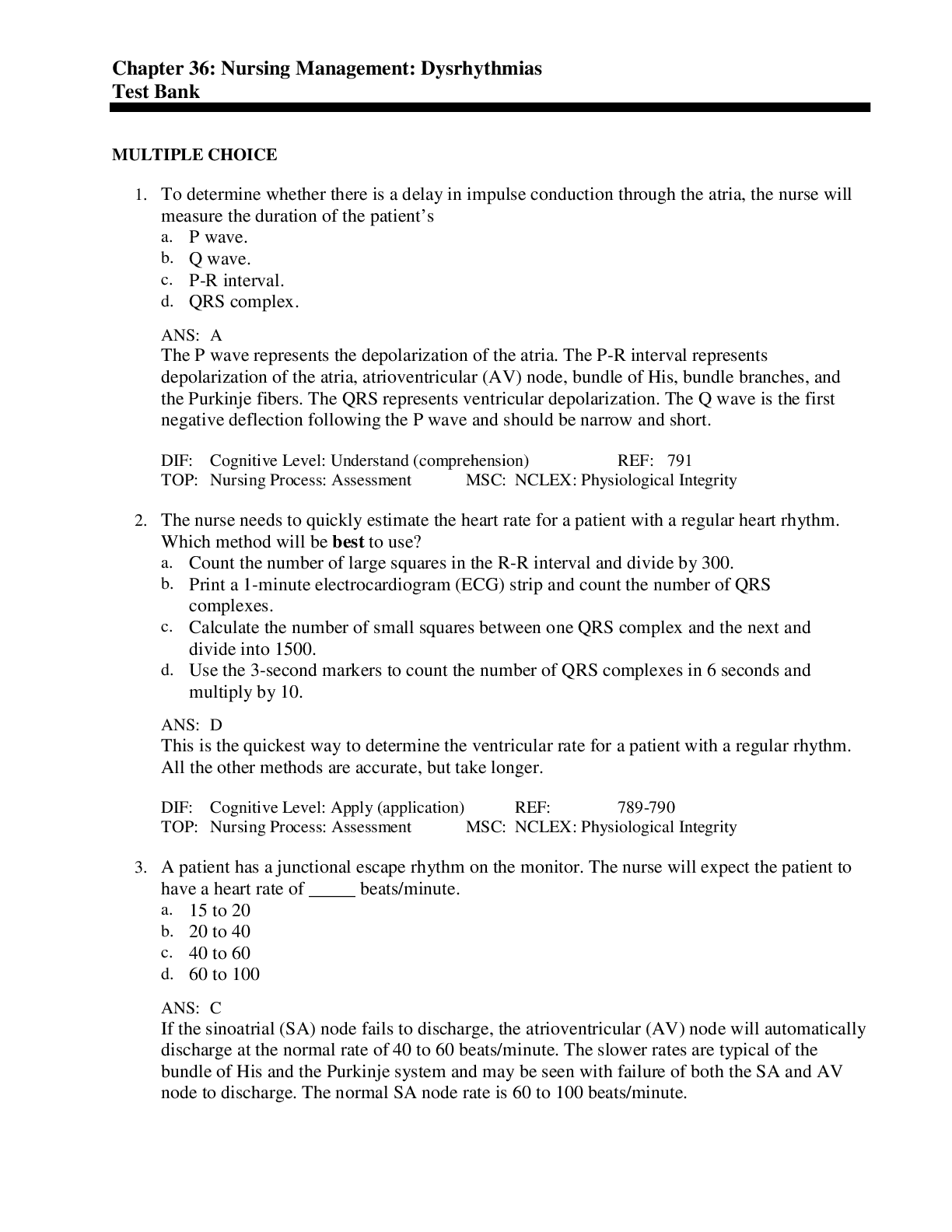 Nursing Management Dysrhythmias Test Bank (Chapter 36)