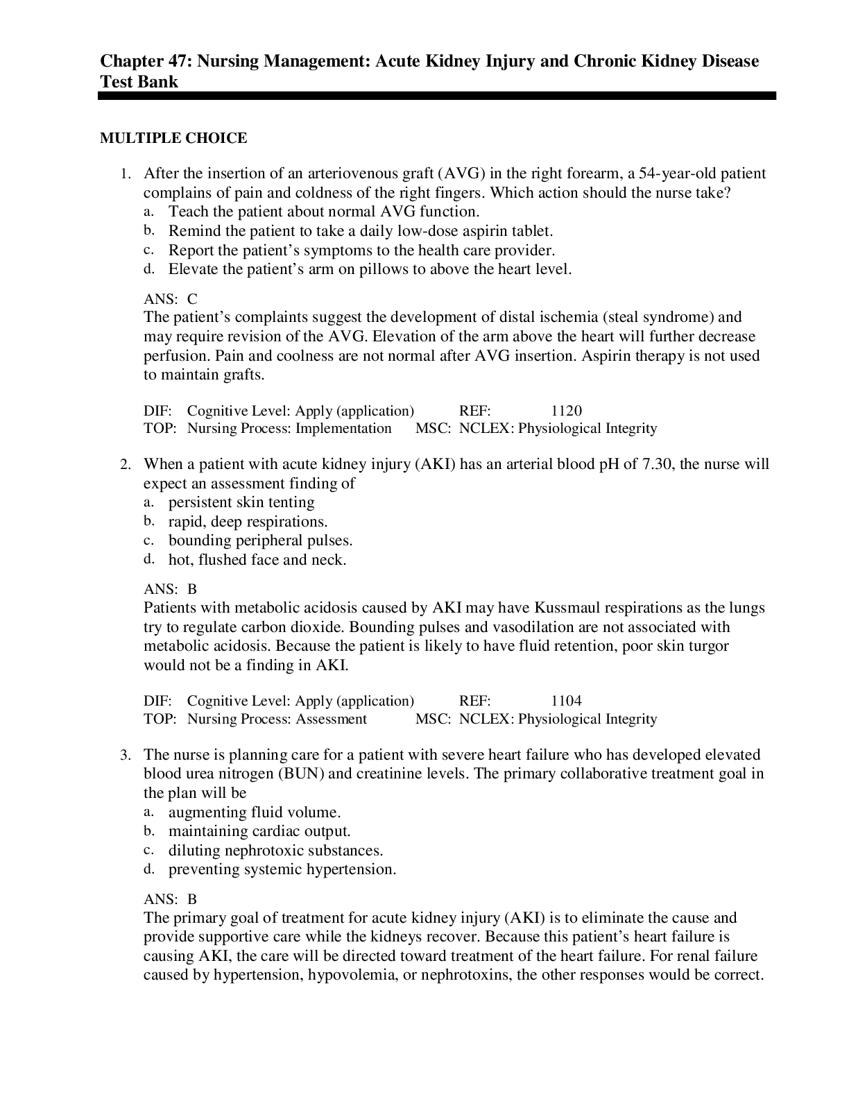 Nursing Management: Acute Kidney Injury and Chronic Kidney Disease Test Bank (Chapter 47)