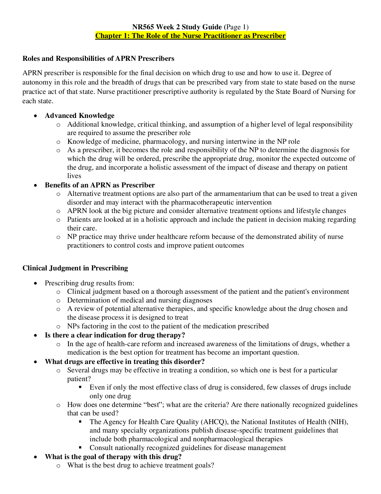 NR565 Week 2 Study Guide