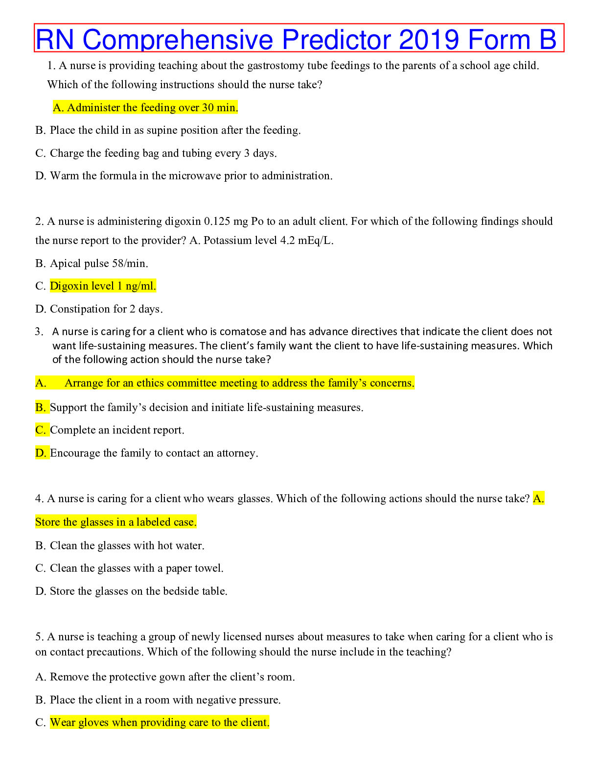 ATI COMPREHENSIVE PREDICTOR 2019 FORM B WITH 180 Questions and Answers( Verified)