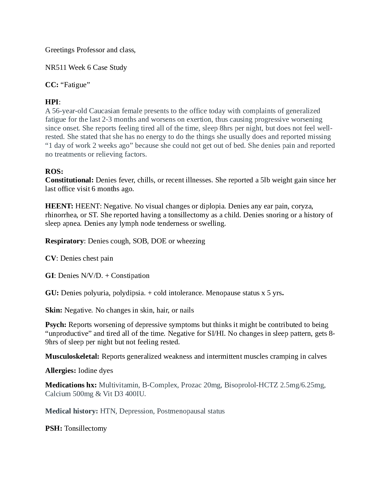 NR511 Week 6 Case Study