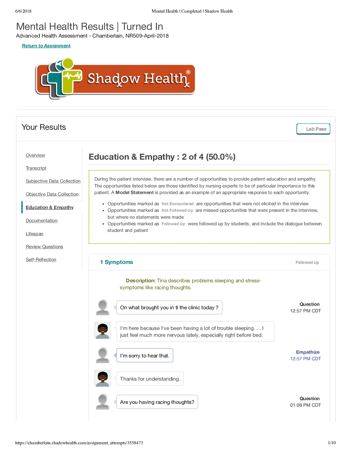 Mental Health Results | Turned In Advanced Health Assessment - Chamberlain, NR509-April-2018