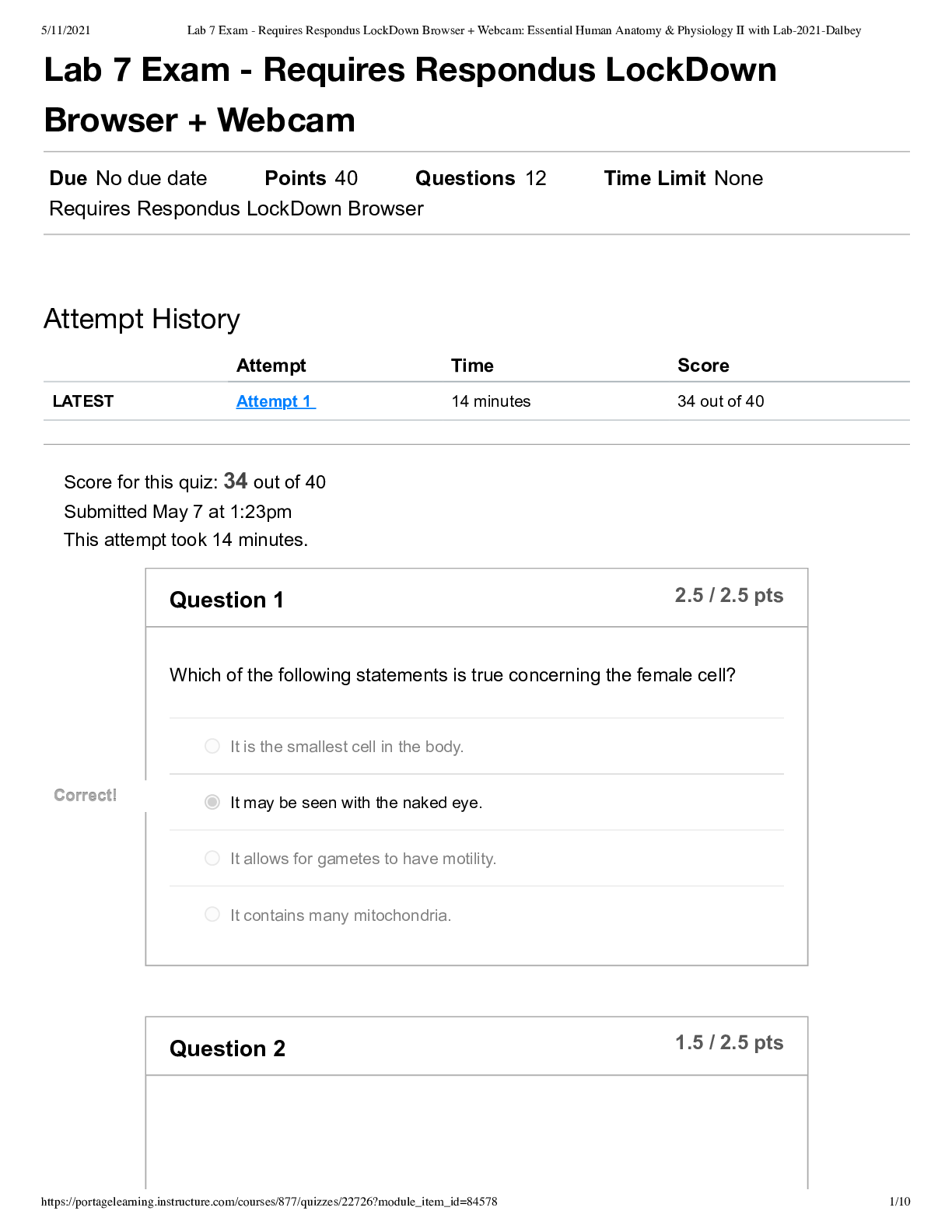 Anatomy & Physiology II Lab 7 Exam – LockDown Browser Required