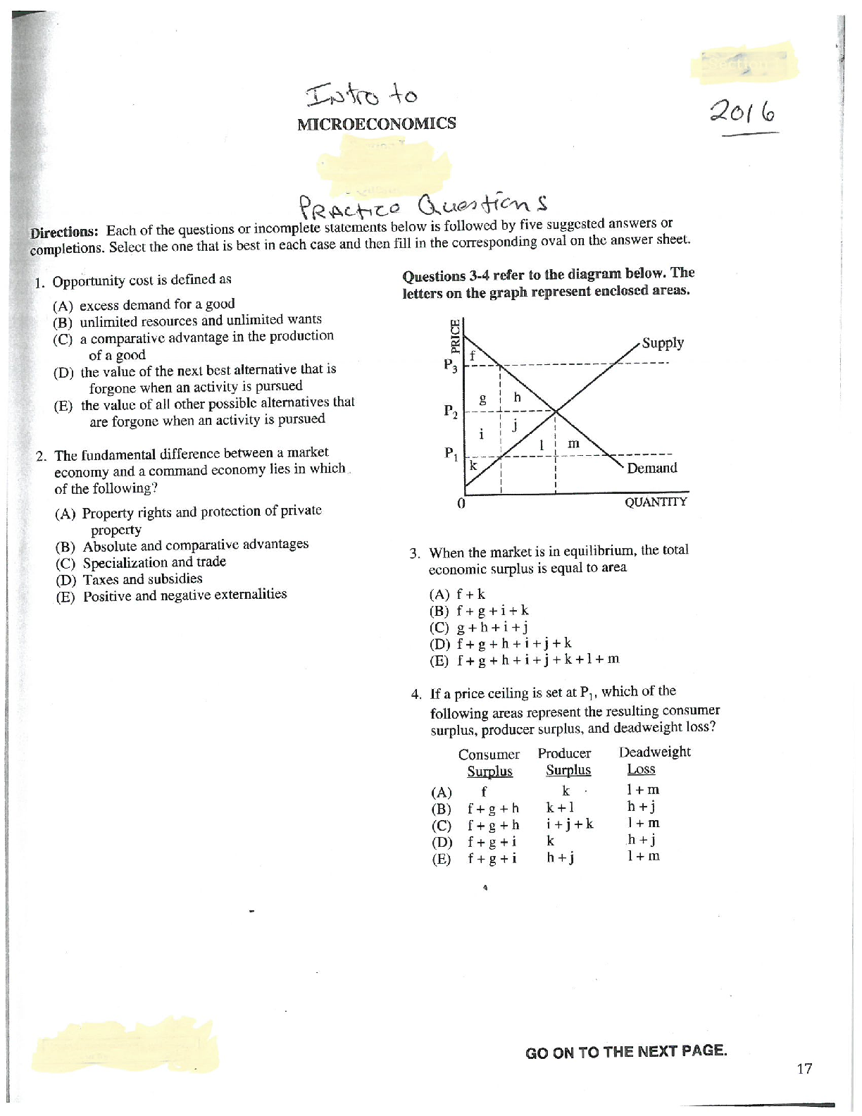 Intro to Microeconomics Practice Questions 2016