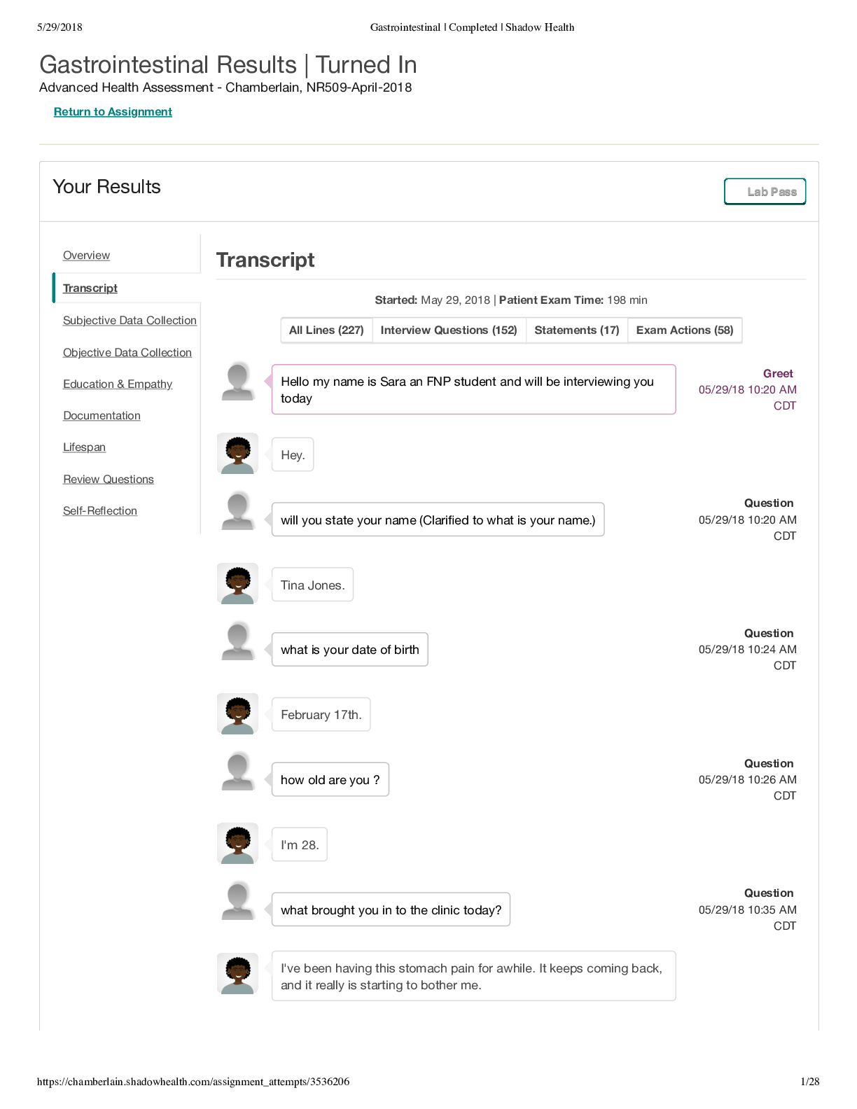 Gastrointestinal | Completed | Shadow Health
