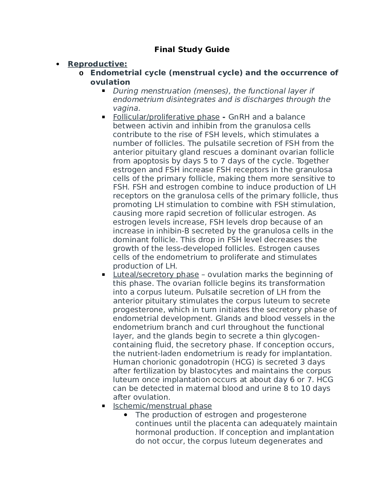 Final Study Guide: Menstrual Cycle & Ovulation Process