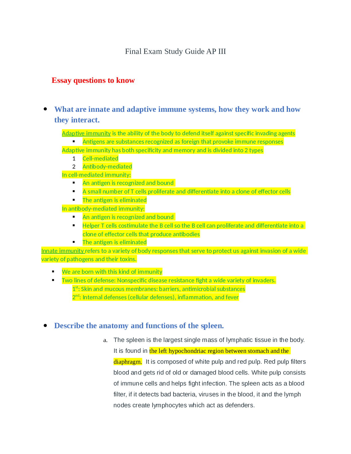 Final Exam Study Guide AP III | Bio255 Essay Questions & Answers