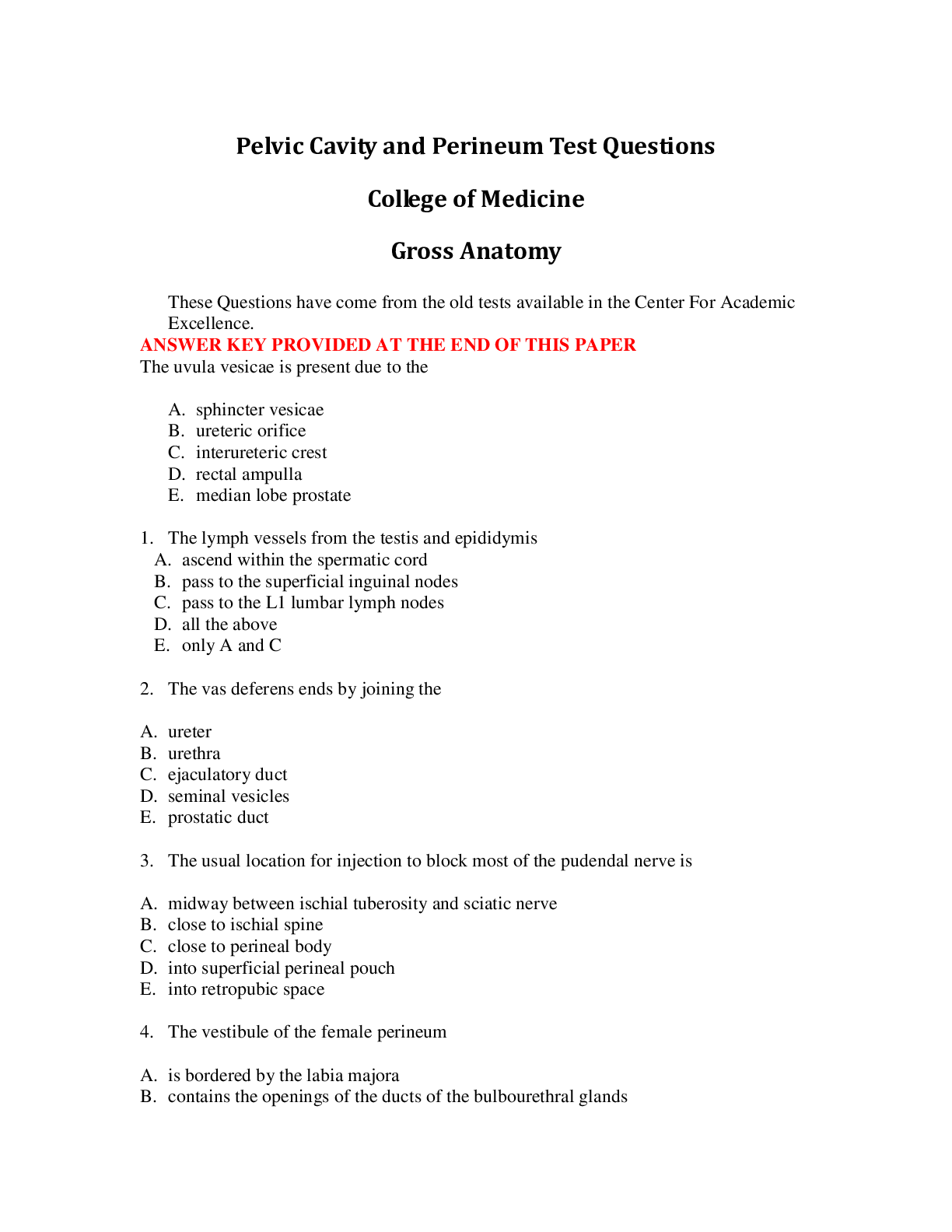 Pelvic Cavity and Perineum Test Questions Gross Anatomy