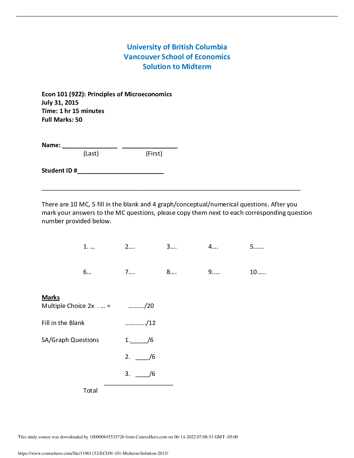 Econ 101 midterm solution (Principles of Microeconomics)