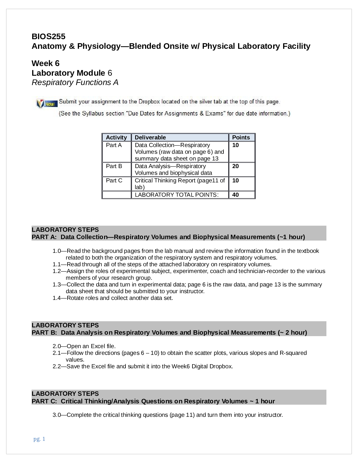 BIOS255 Anatomy & Physiology—Blended Onsite w/ Physical Laboratory Facility Week 6 Laboratory Module 6