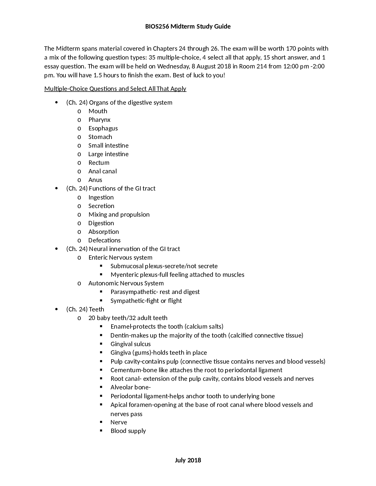 BIOS256 Midterm Study Guide 2018