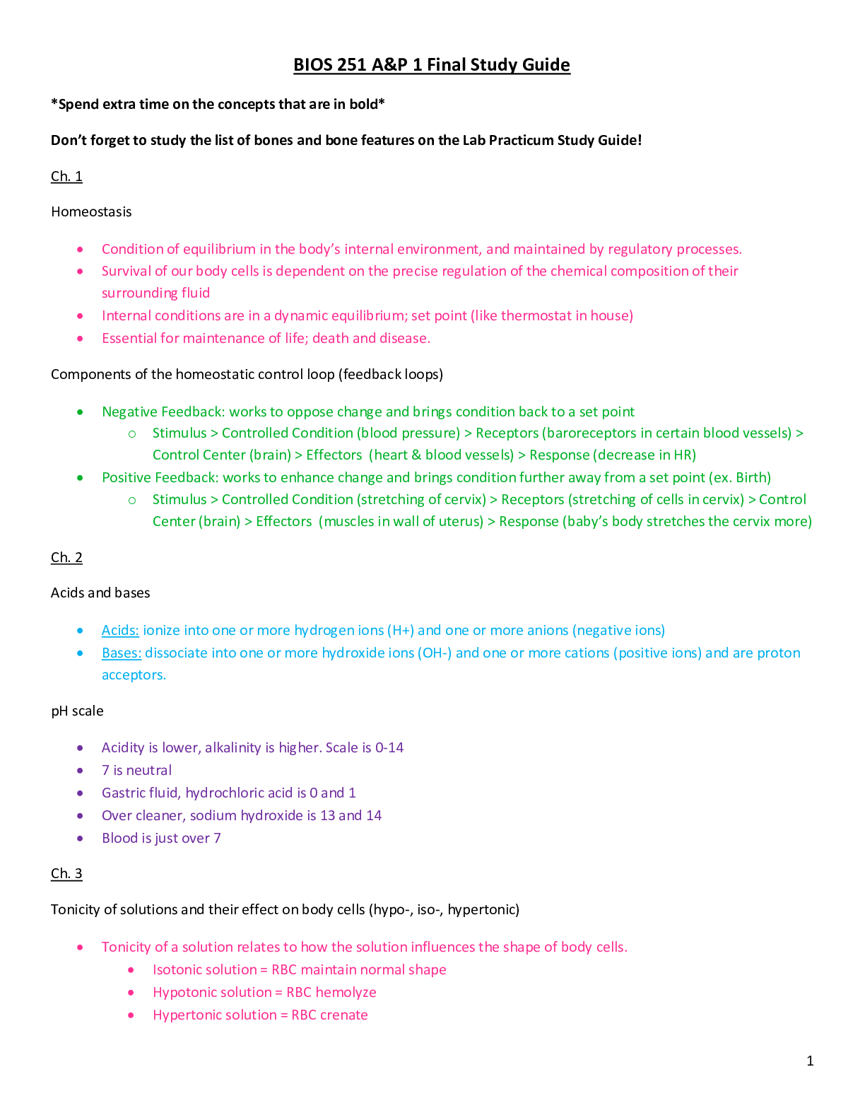 BIOS 251 A&P 1 Final Study Guide