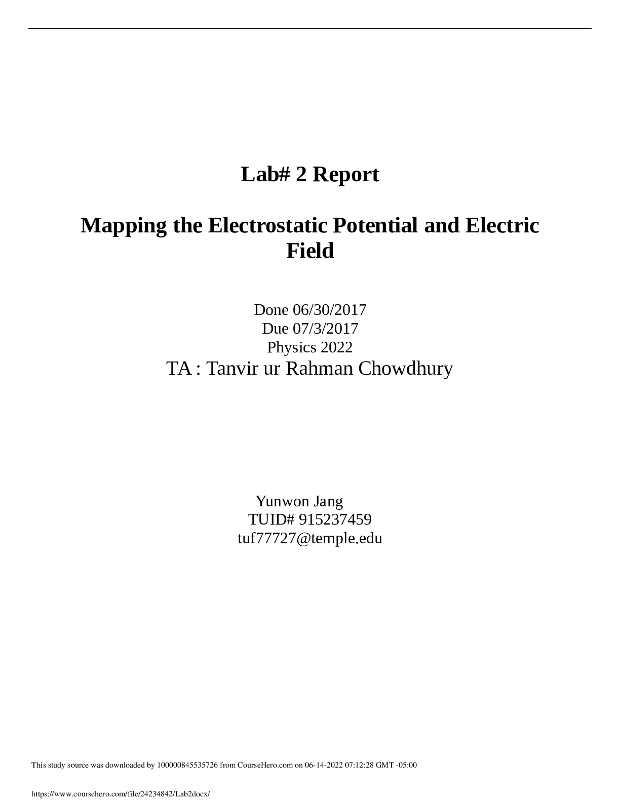 Lab# 2 Report Mapping the Electrostatic Potential and Electric Field