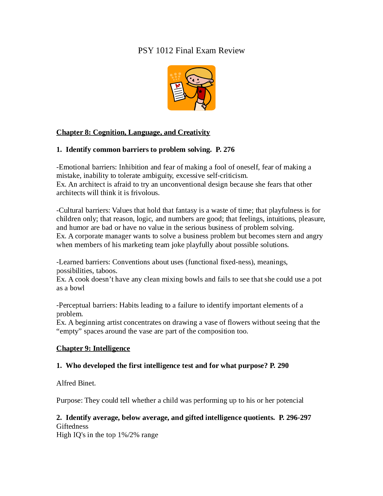 PSY 1012 Final Exam Review