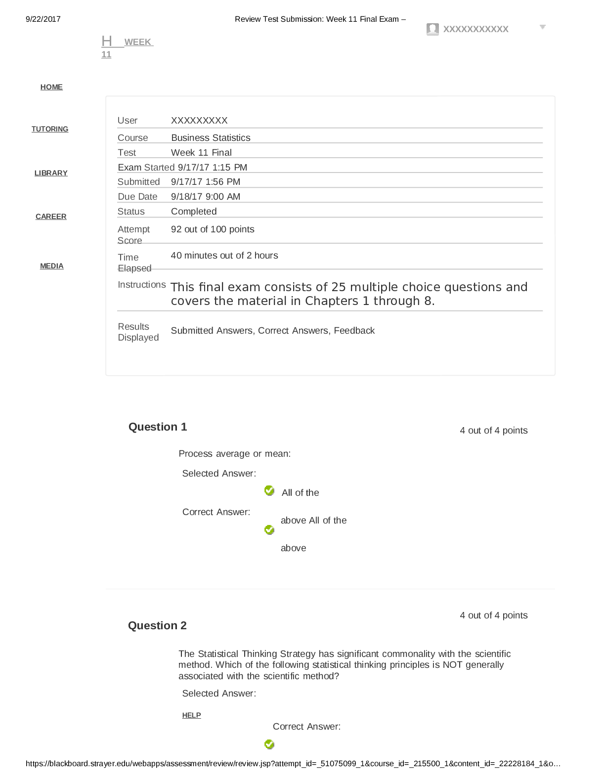 Business Statistics Review Test Submission Week 11 Final Exam