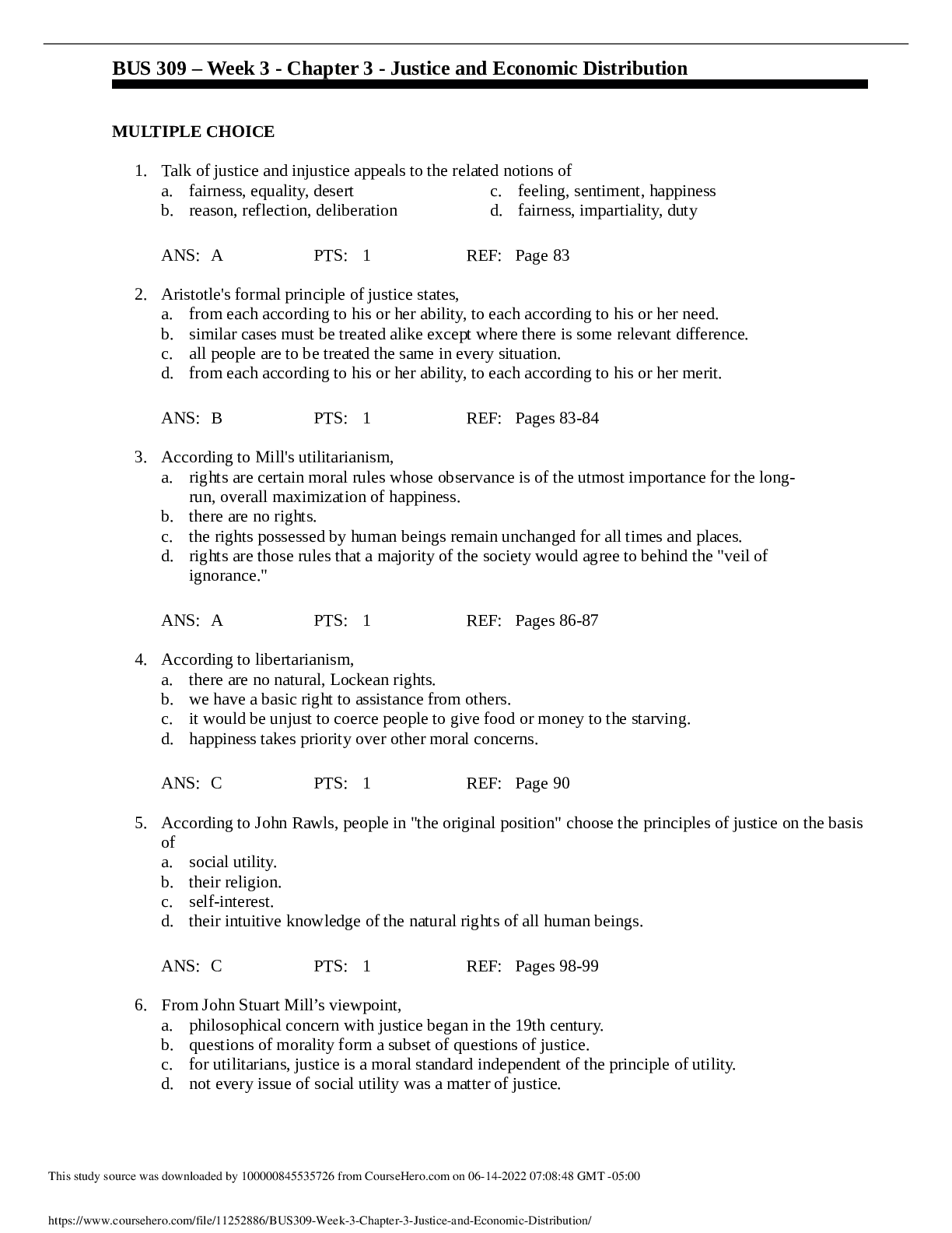 BUS 309 – Week 3 - Chapter 3 - Justice and Economic Distribution