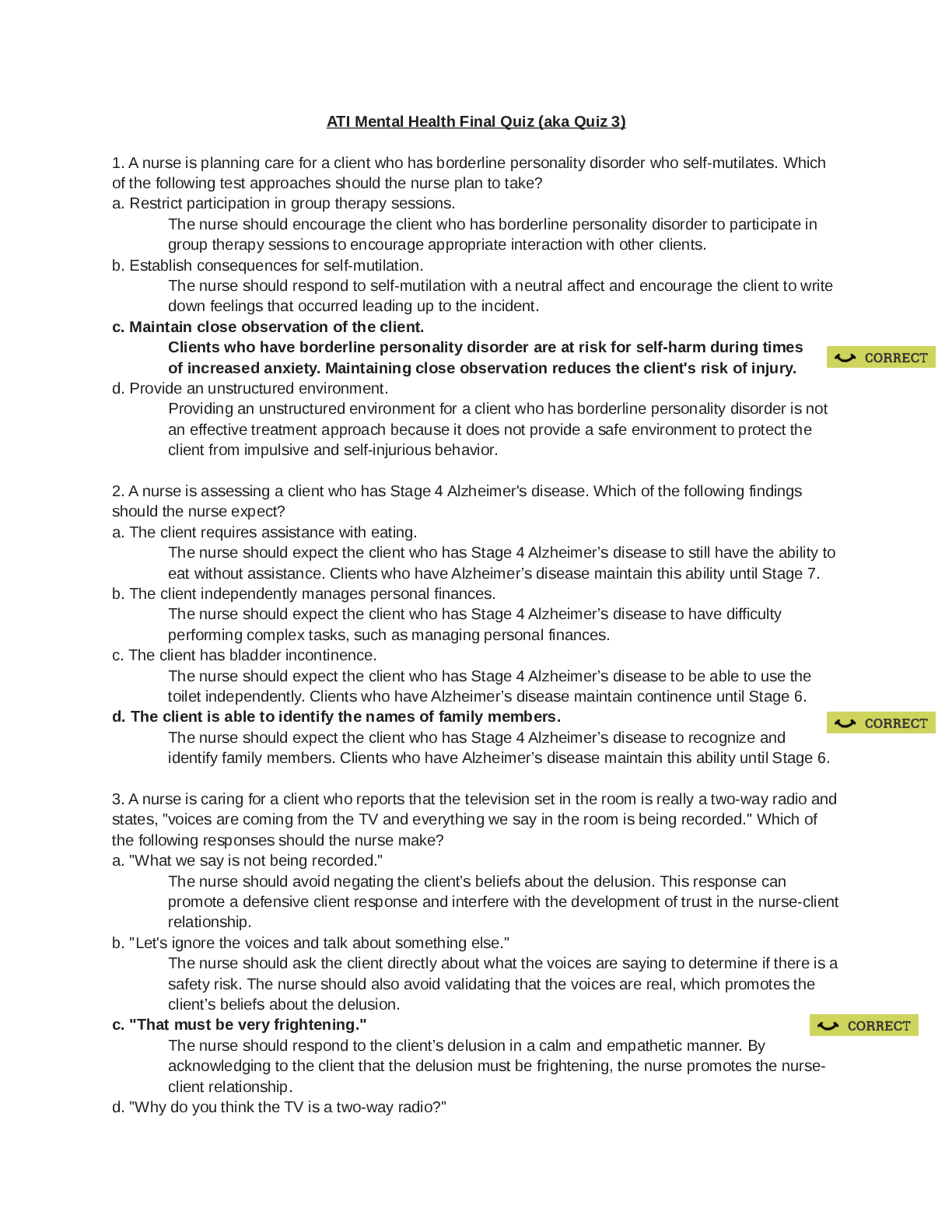 ATI Mental Health Final Quiz (aka Quiz 3)