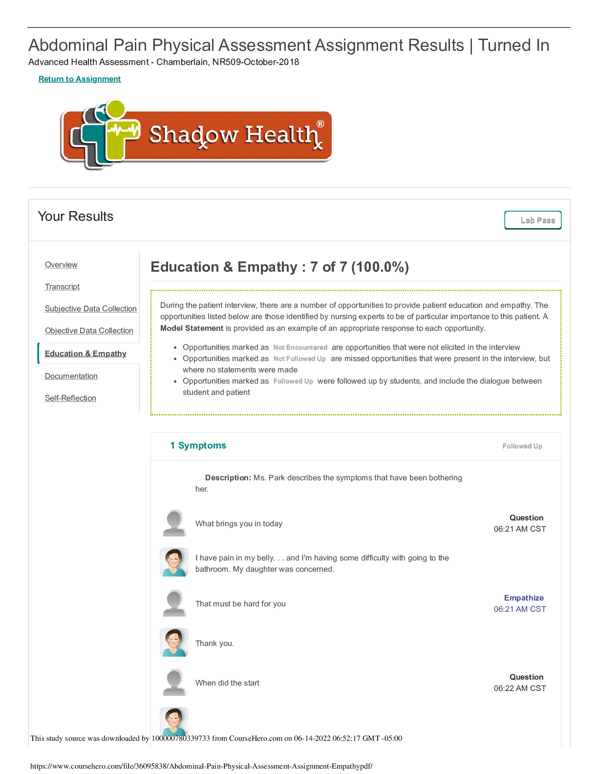 Abdominal Pain Physical Assessment Assignment Results