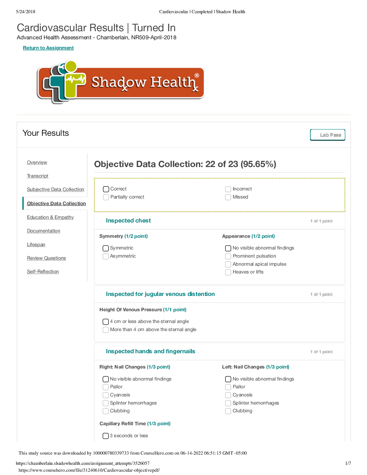 Cardiovascular | Completed | Shadow Health  NR509-April-2018