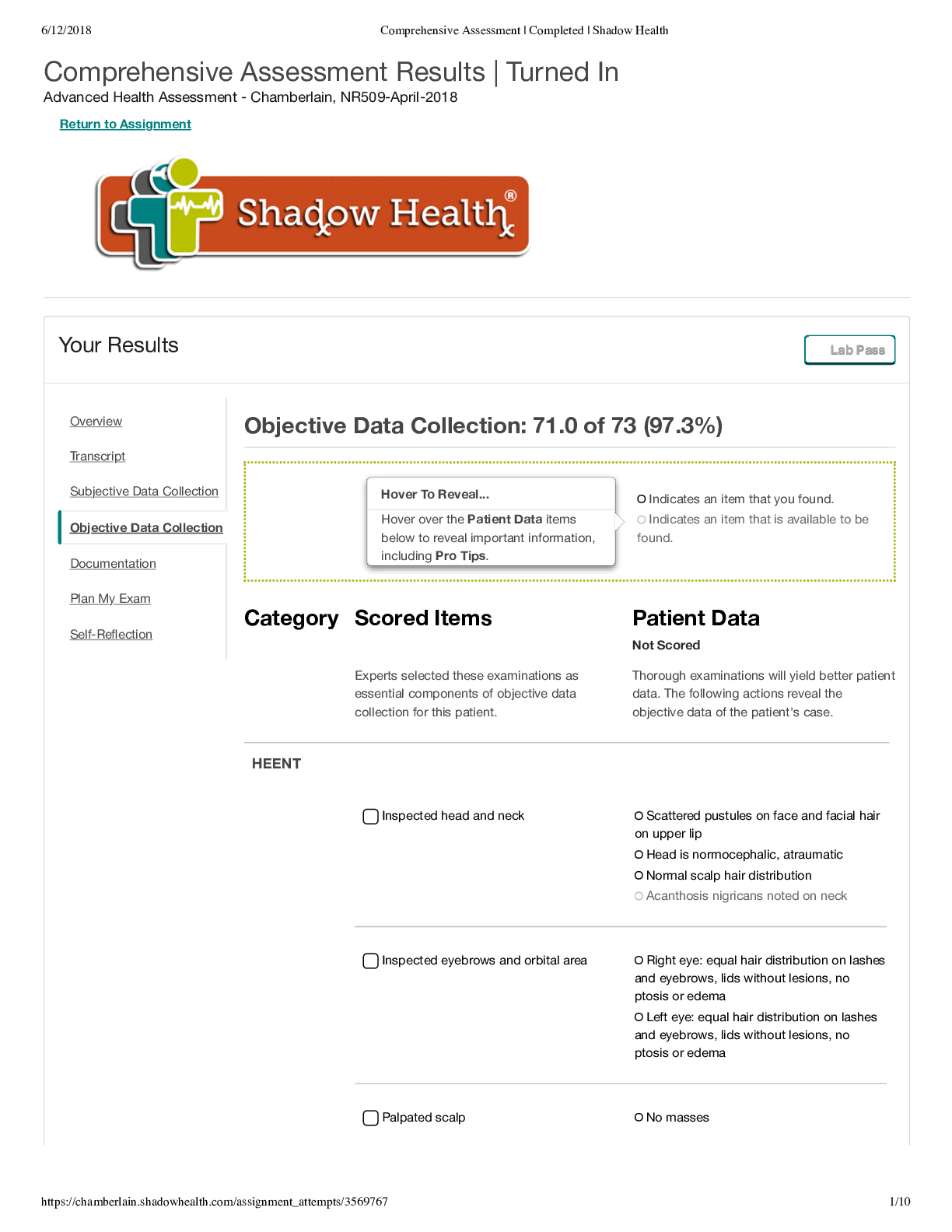 Comprehensive Assessment | Completed | Shadow Health  Advanced Health Assessment - Chamberlain, NR509-April-2018