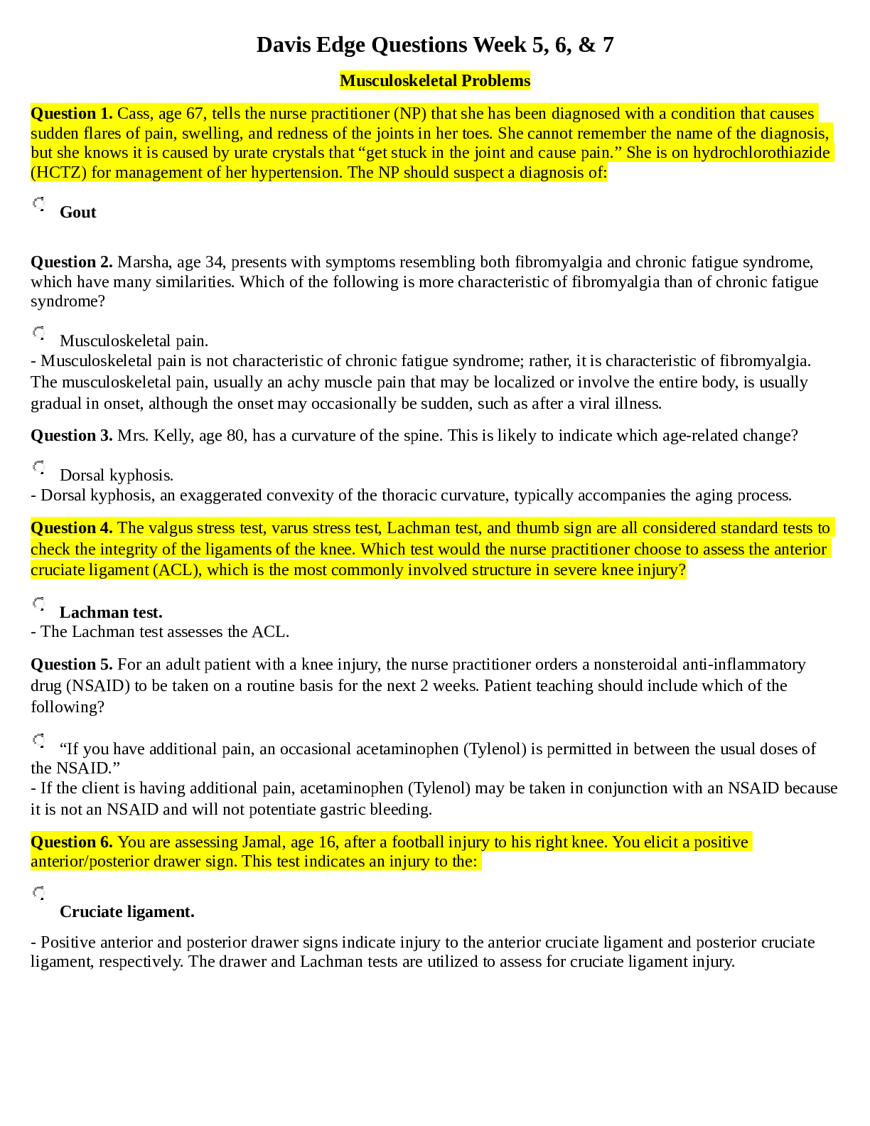 Davis Edge Questions Week 5, 6, & 7 Musculoskeletal Problems