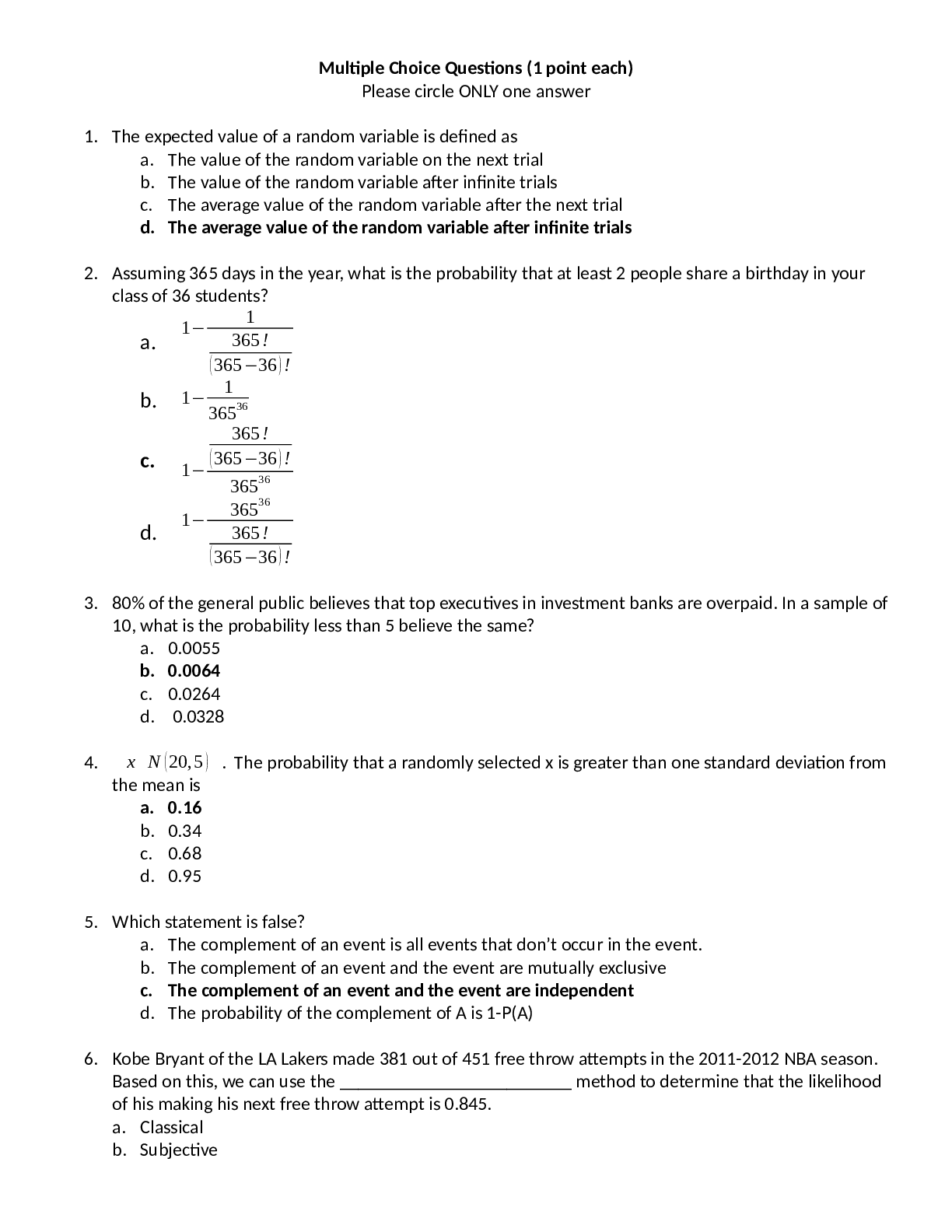 Midterm Exam solutions 2017 Random Variables and Probability Distributions