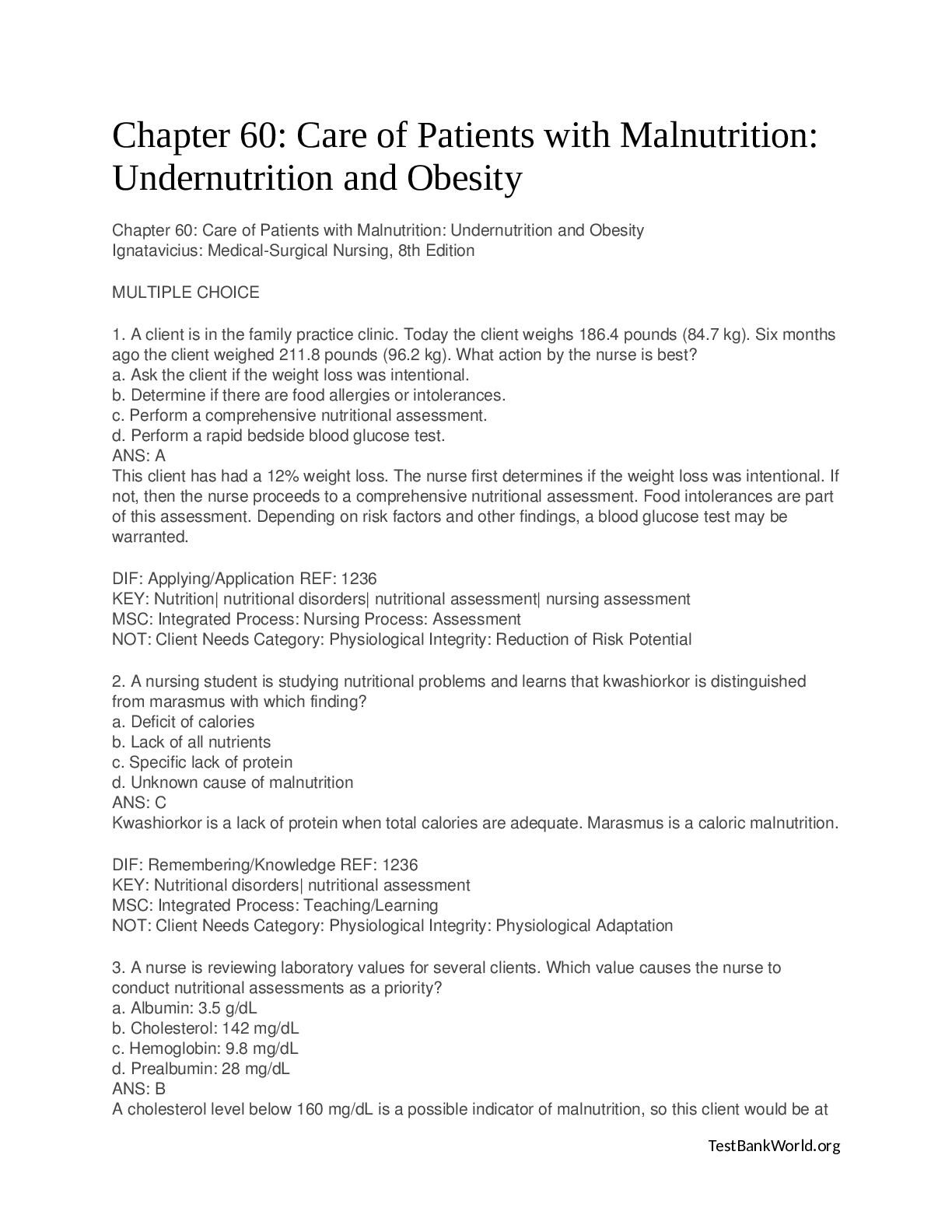 Care of Patients with Malnutrition Undernutrition and Obesity chapter 60 (With Correct answers)