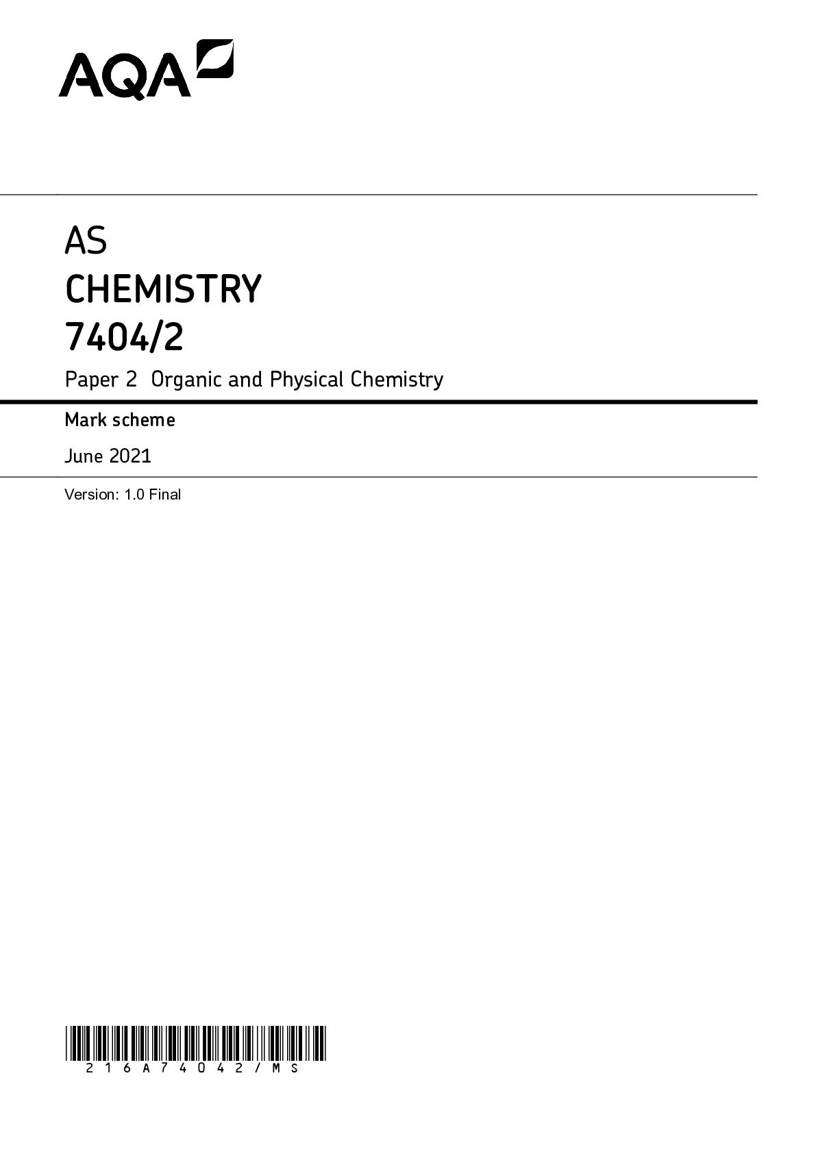 AQA AS Chemistry 7404/2 Mark Scheme | June 2021 PDF