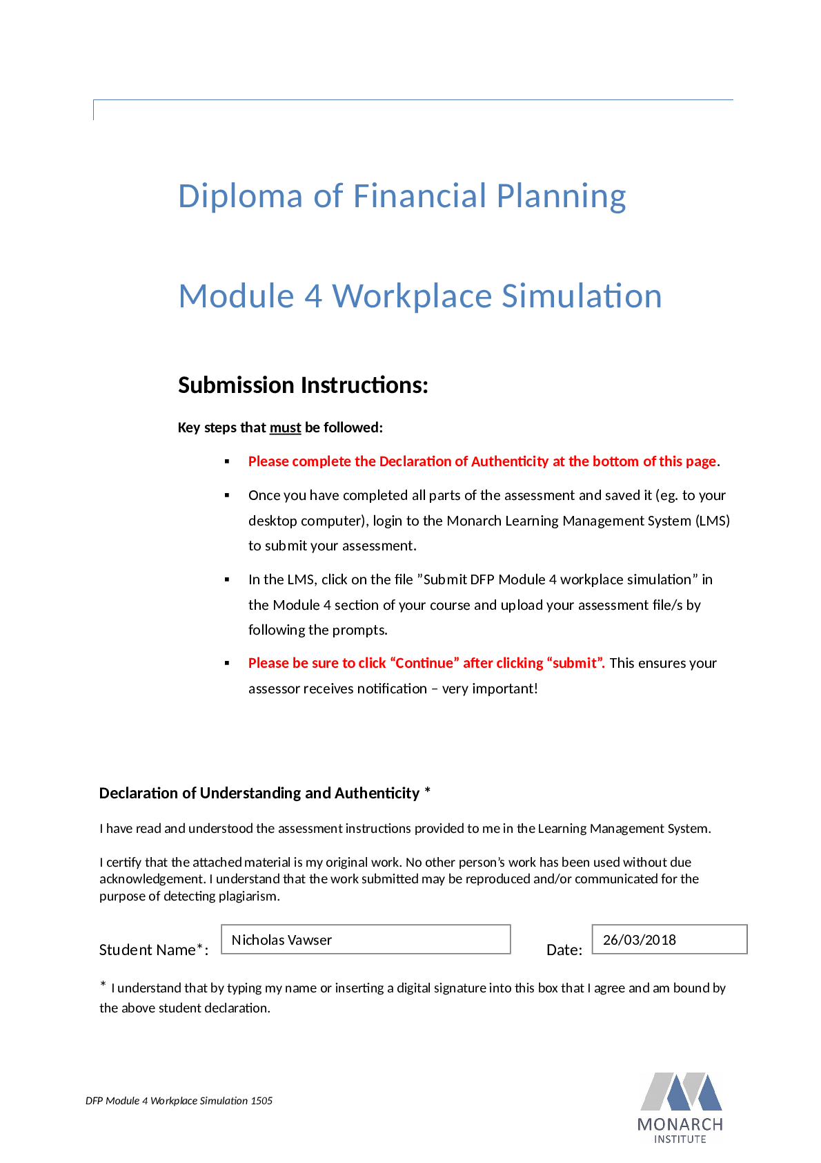 Diploma of Financial Planning Module 4 Workplace Simulation