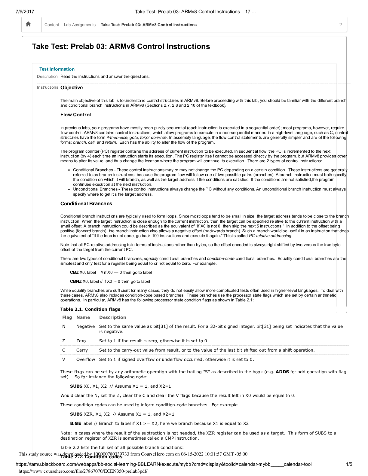 ECEN350 Prelab 03  ARMv8 Control Instructions Take Test