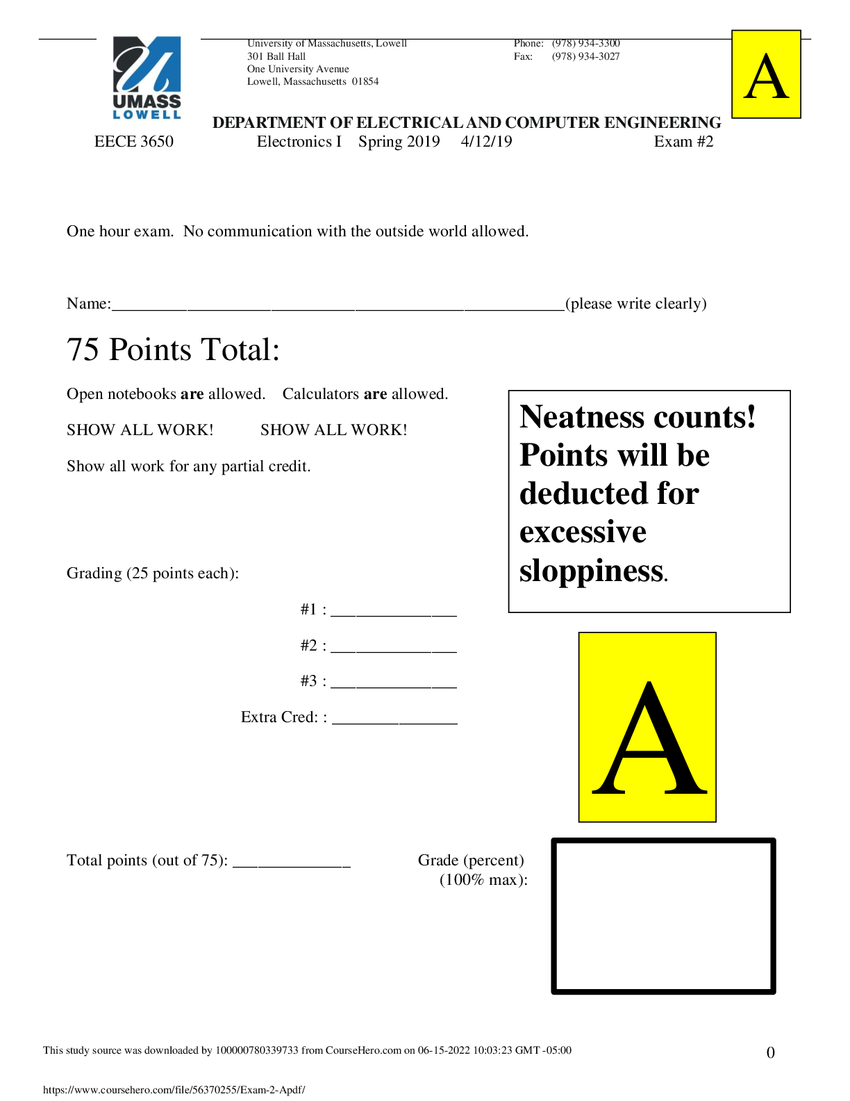 EECE 3650  Exam 2 DEPARTMENT OF ELECTRICAL AND COMPUTER ENGINEERING