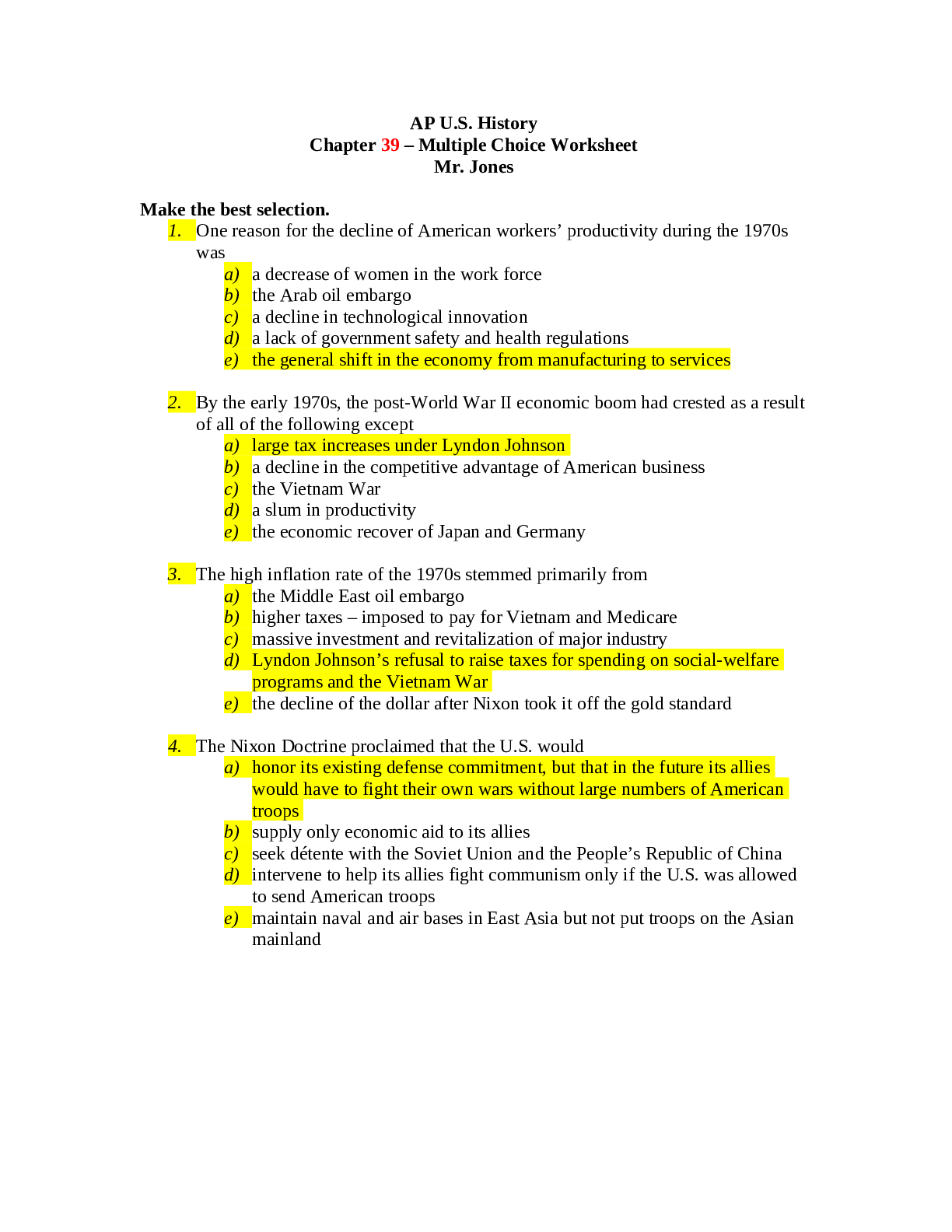 AP U.S. History Chapter 39 – Multiple Choice Worksheet