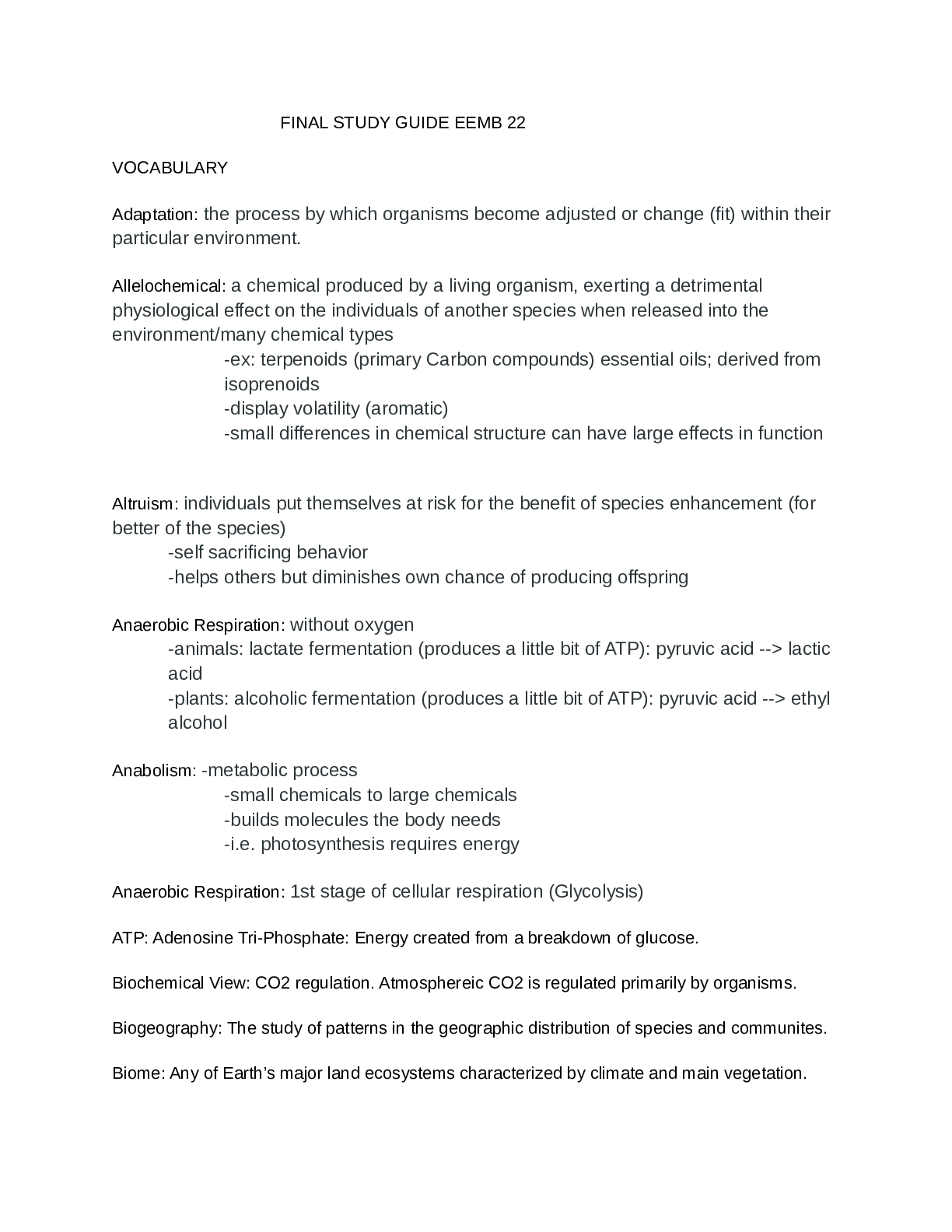 EEMB 22 Final Study Guide | Key Concepts & Vocabulary
