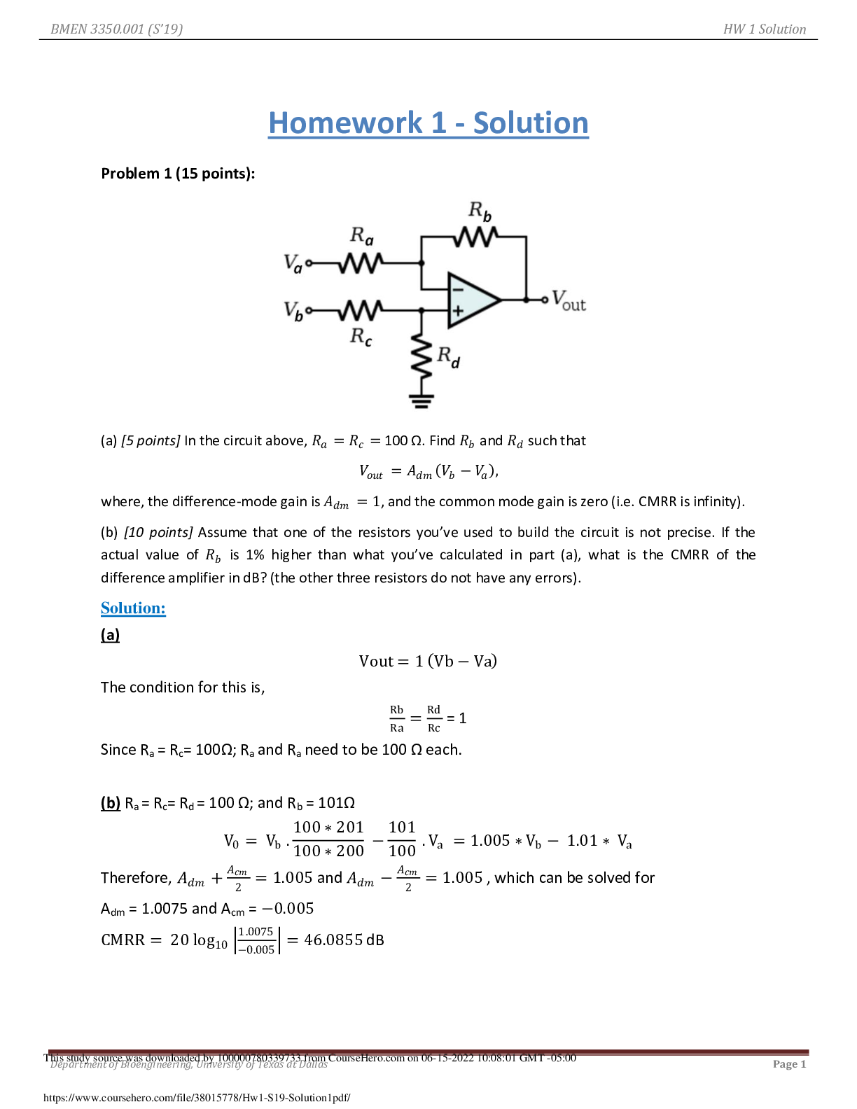 BMEN 3350.001 (S’19)  Homework 1 - Solution HW 1 Solution