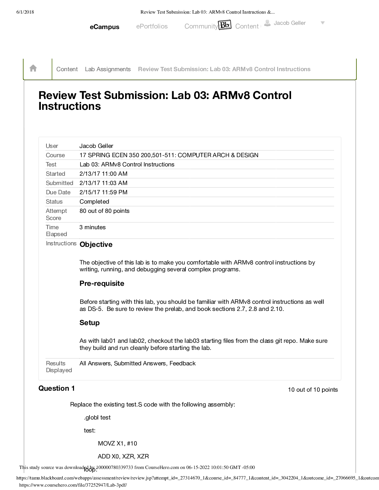 Lab 03  ARMv8 Control Instructions Review Test Submission