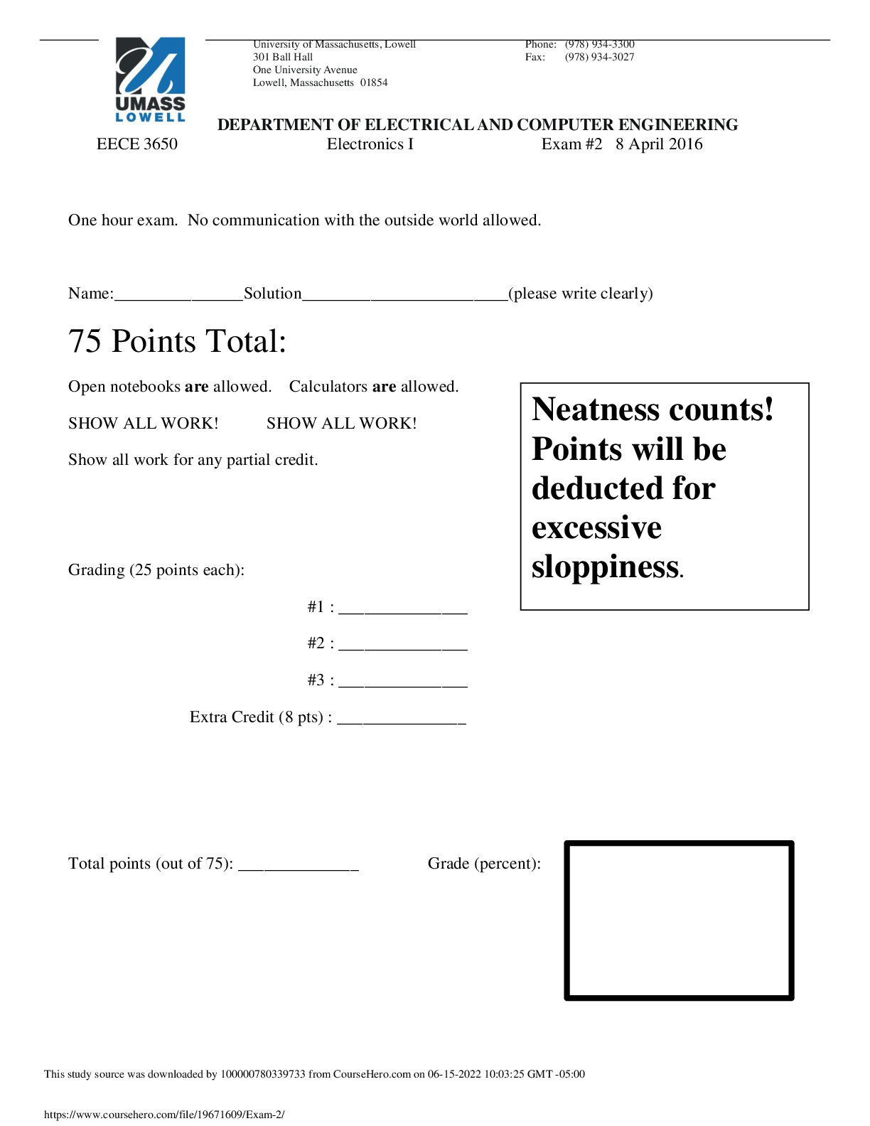 EECE 3650 Electronics I  Exam #2 8 April 2016