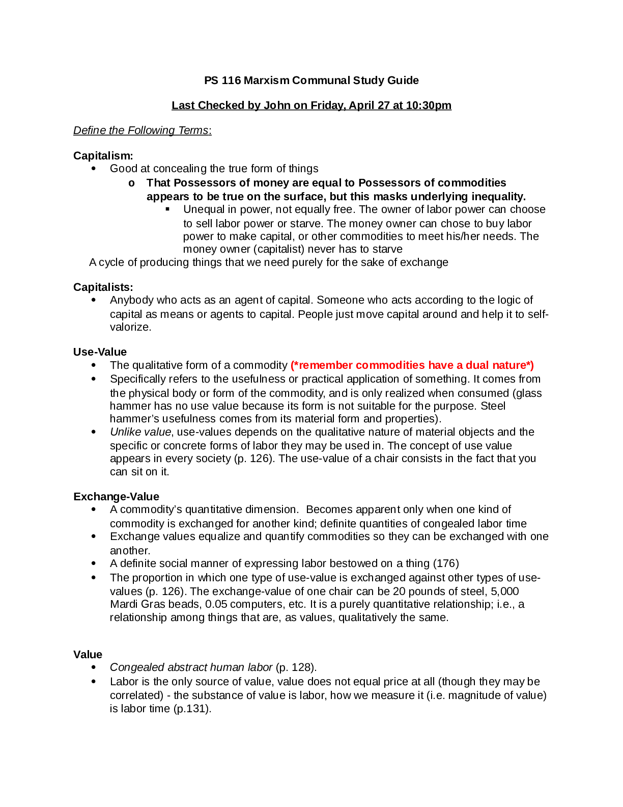 PS 116 Marxism Communal Study Guide | Key Concepts & Terms