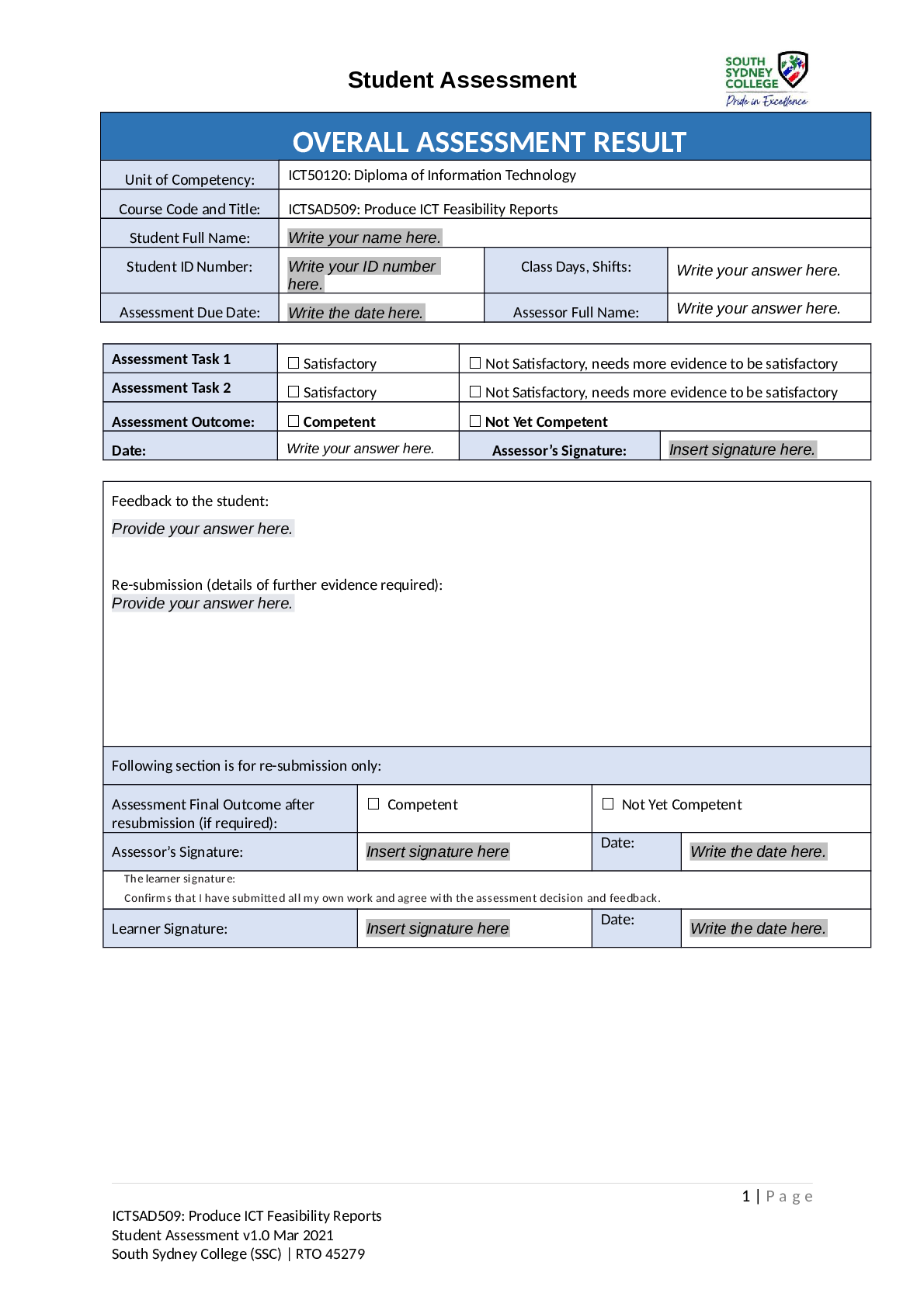 Student Assessment ICTSAD509 Produce ICT Feasibility