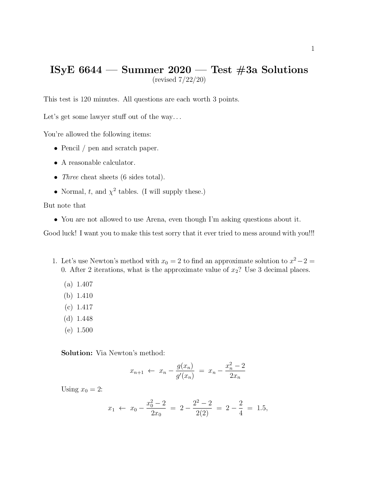ISyE 6644 — Summer 2020 — Test #3a Solutions (revised 7/22/20)