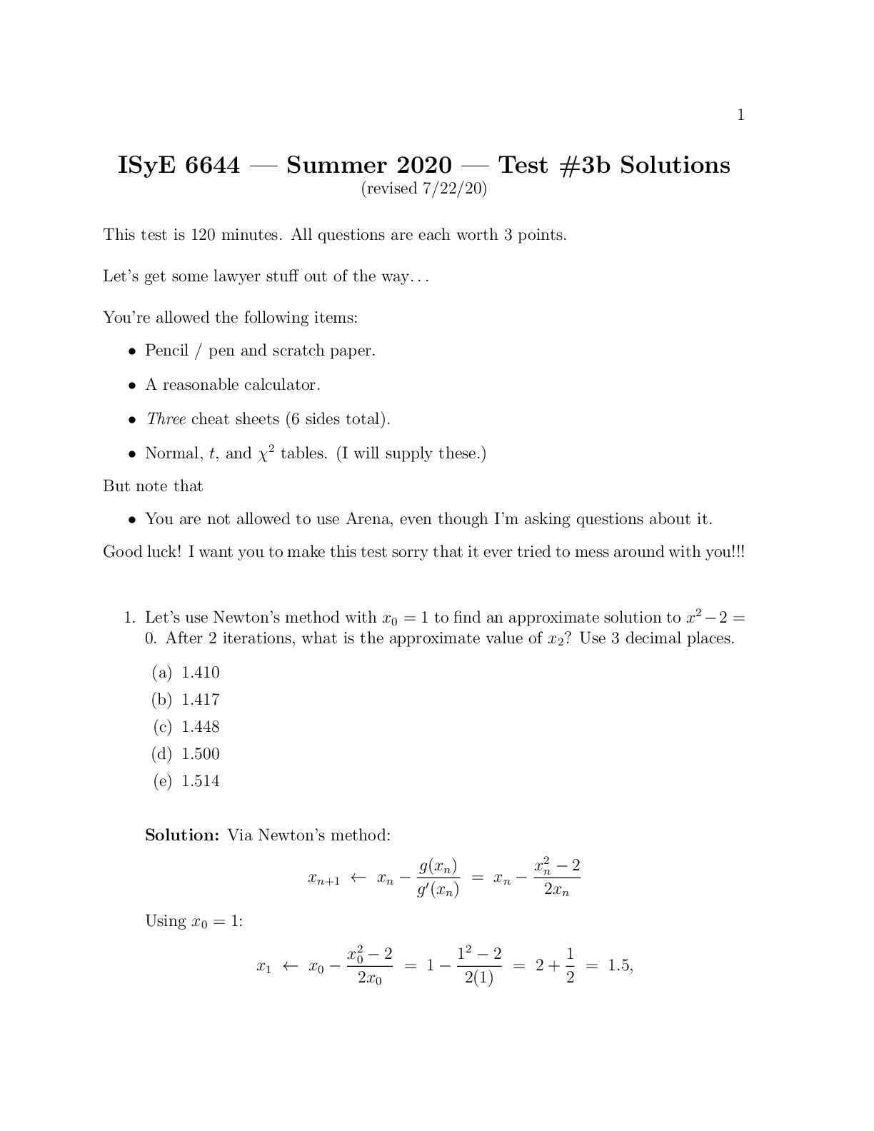ISyE 6644 — Summer 2020 — Test #3b Solutions (revised 7/22/20)