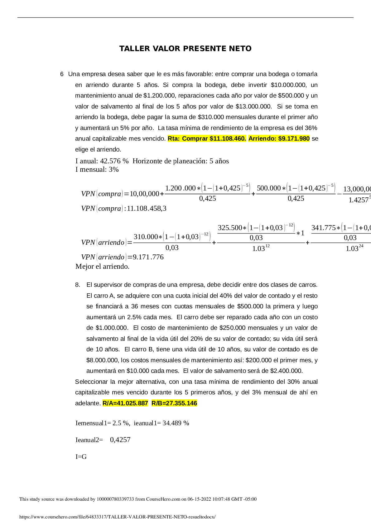 TALLER VALOR PRESENTE NETO