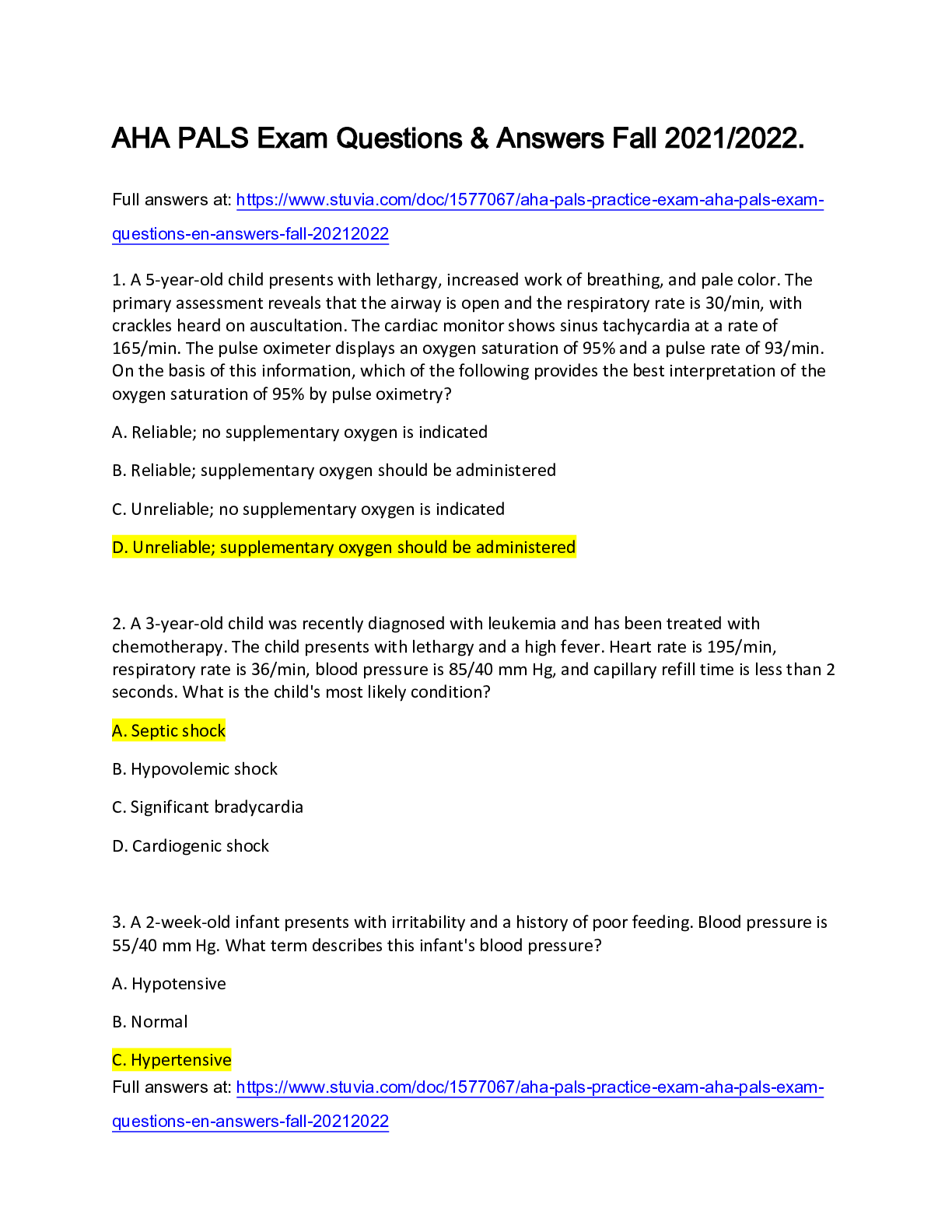 AHA PALS Exam Questions & Answers Fall 2021/2022.