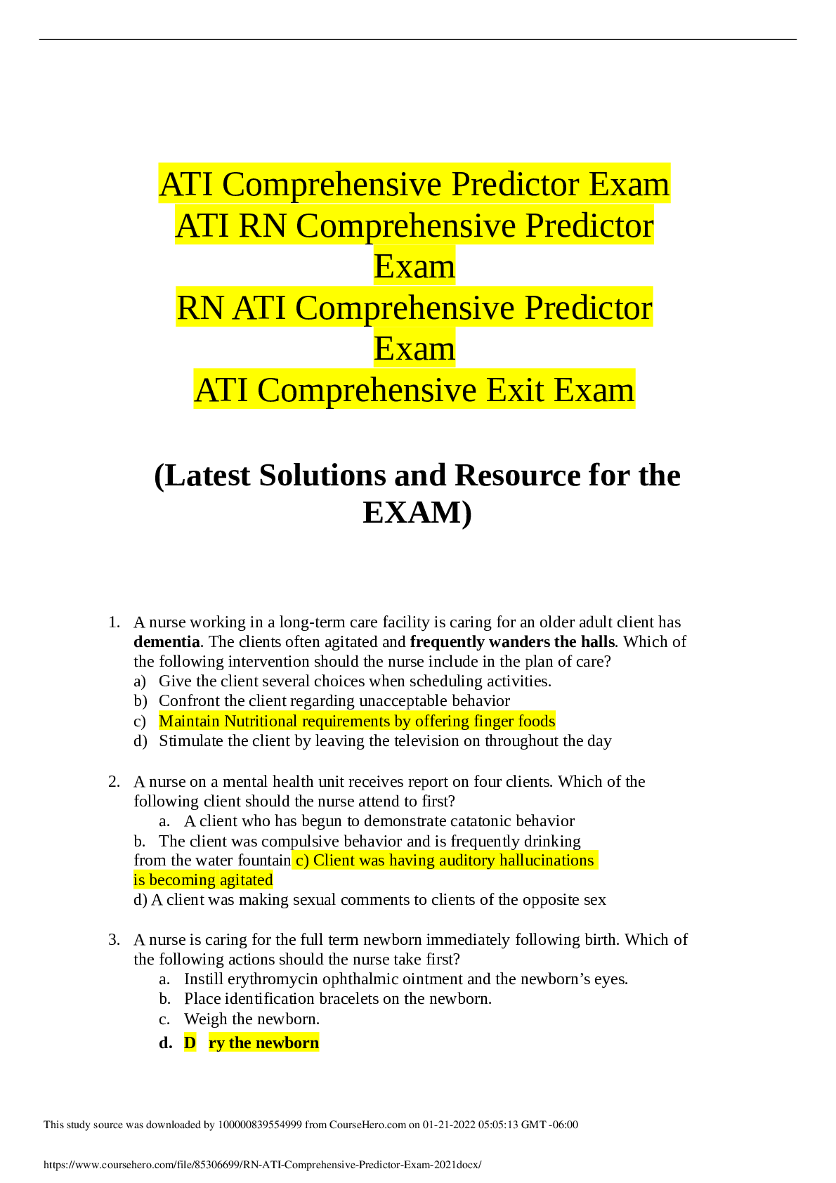 ATI Comprehensive Predictor Exam ATI RN Comprehensive Predictor Exam RN ATI Comprehensive Predictor Exam ATI Comprehensive Exit Exam